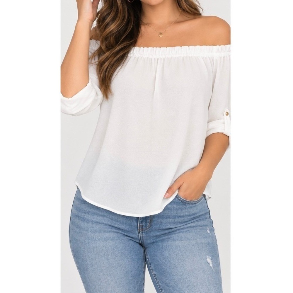 White Off The Shoulder Roll Tab Sleeve Blouse Women Top Size-L